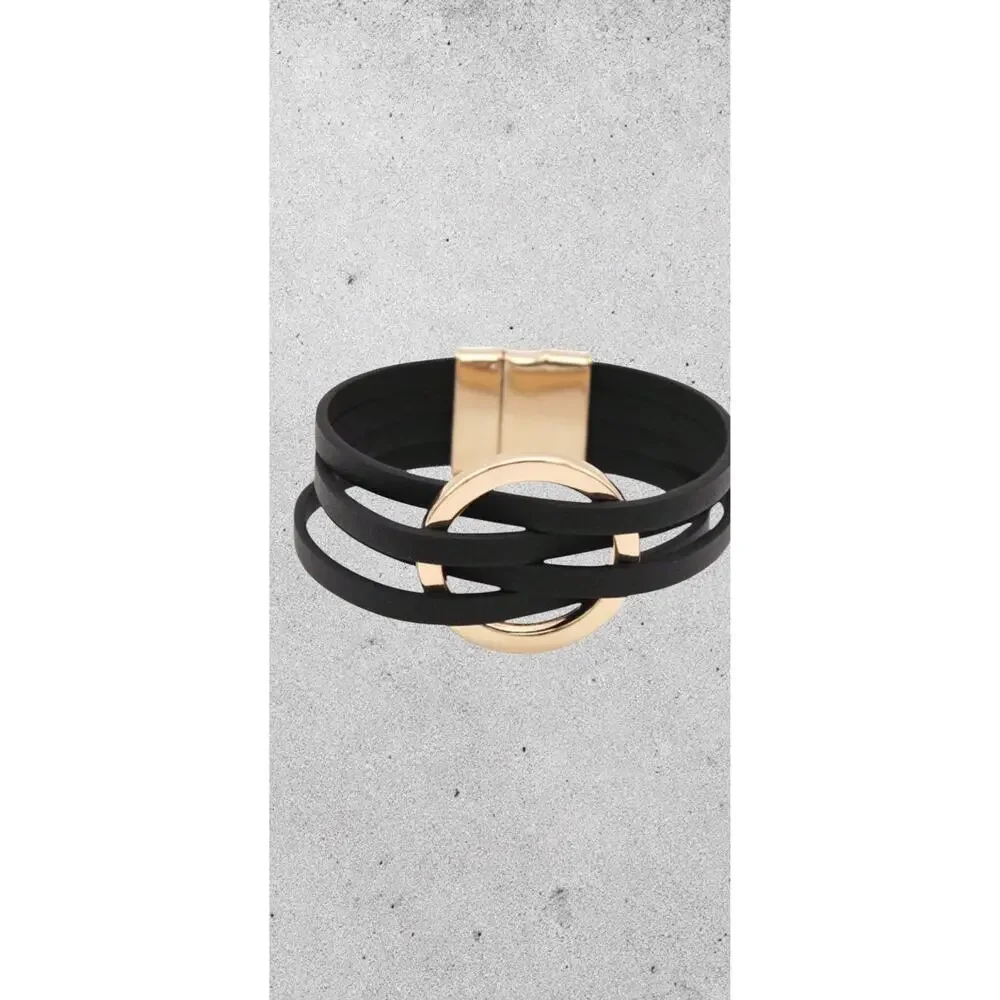 Minimalist Black Gold Faux Leather stack Wrap Bracelet Gold Circle Cuff NWOT